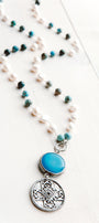 Vintage Silver Medallion with Amazonite Connector on White Pearl and Amazonite Rosary Silver Chain