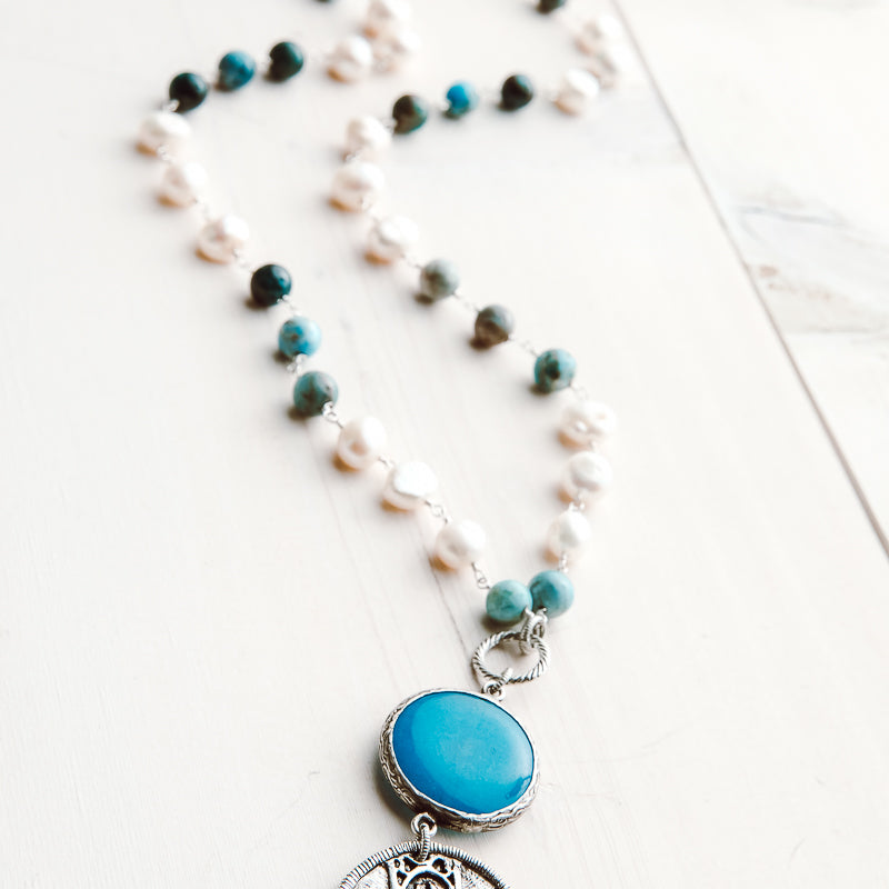 Vintage Silver Medallion with Amazonite Connector on White Pearl and Amazonite Rosary Silver Chain