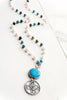 Vintage Silver Bronze Medallion on White Pearl and Amazonite Rosary Silver Chain