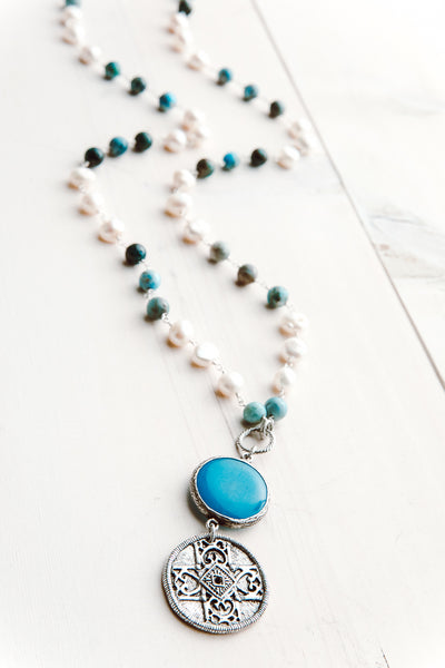 Vintage Silver Bronze Medallion on White Pearl and Amazonite Rosary Silver Chain