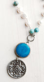 Vintage Silver Medallion with Amazonite Connector on White Pearl and Amazonite Rosary Silver Chain