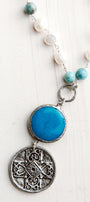 Freshwater Pearl & Amazonite Filigree Cross Medallion Long Necklace