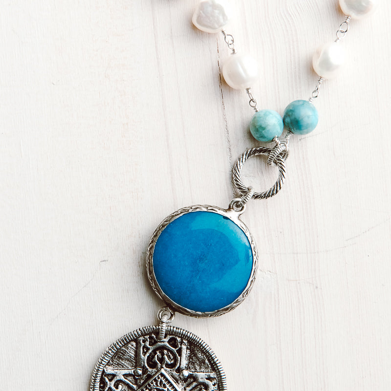 Freshwater Pearl & Amazonite Filigree Cross Medallion Long Necklace