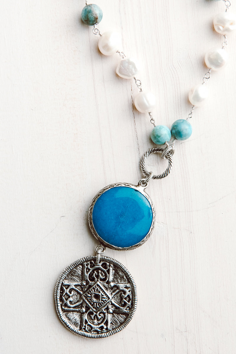 Vintage Silver Medallion with Amazonite Connector on White Pearl and Amazonite Rosary Silver Chain