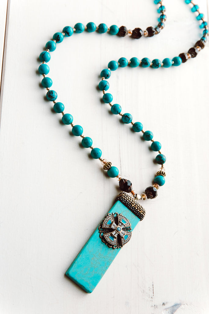 Turquoise and Czech Glass Cross Necklace