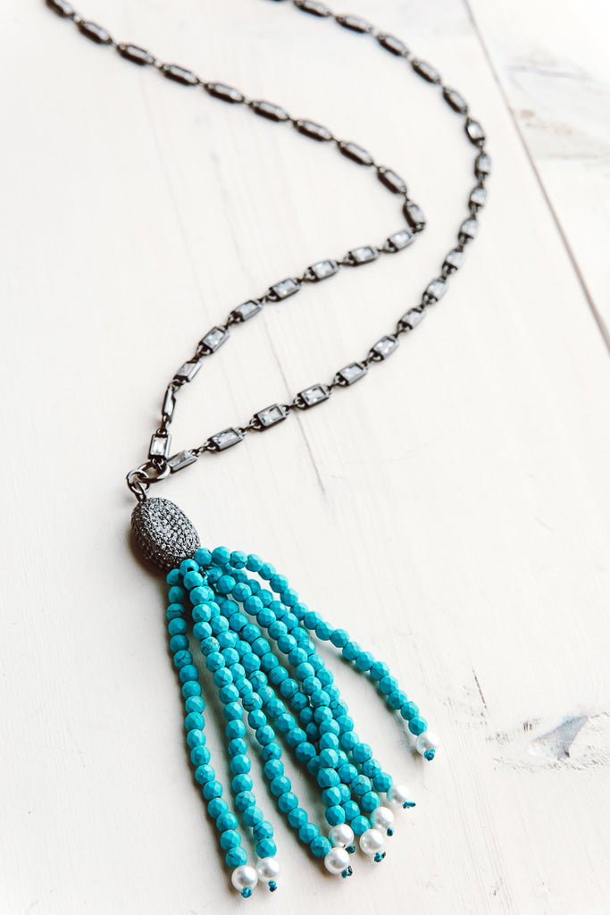 Pavé and Blue Howlite Beaded Tassel Pendant on Gunmetal & Crystal Chain Necklace