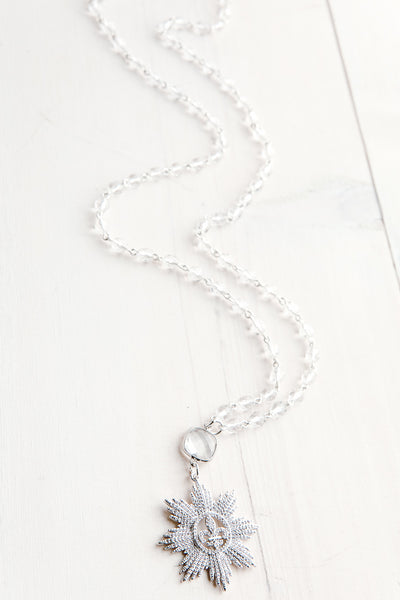 Sparkling Pavé Starburst Fleur-de-Lis Pendant on Faceted Crystal Rosary Bead Necklace