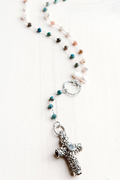 Balinese Silver Blue Topaz Pendant on a Y-Shaped Morganite, Pearl and Amazonite Gemstone Rosary Chain Necklace