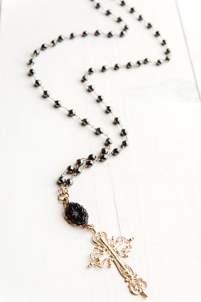 22 kt Matte Gold Over Silver Filigree Cross Pendant on Hematite and Gold Rosary Chain