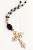 22 kt Matte Gold Over Silver Filigree Cross Pendant on Hematite and Gold Rosary Chain