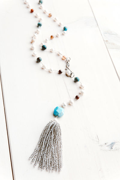 Silver Tassel Pendant on Amazonite and Freshwater Pearl Adjustable Y-Shaped Necklace
