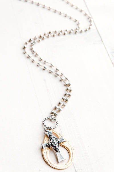 Gold and Silver Cutout Cross Pendant Necklace on Mixed Metal Rosary Chain