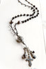 Black Agate and Clear Quartz Tibetan Bead Tassel Pendant Necklace with Mixed Charms