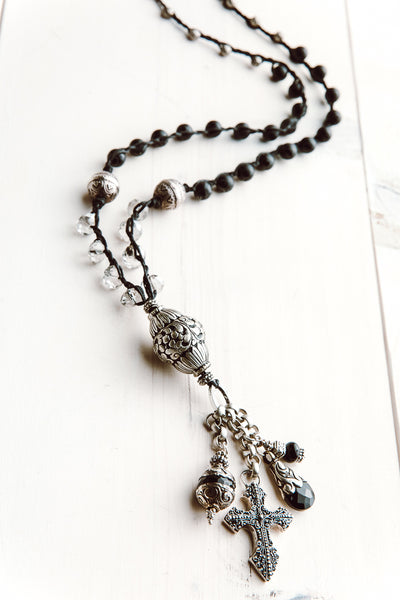 Black Agate and Clear Quartz Tibetan Bead Tassel Pendant Necklace with Mixed Charms