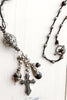Black Agate and Clear Quartz Tibetan Bead Tassel Pendant Necklace with Mixed Charms