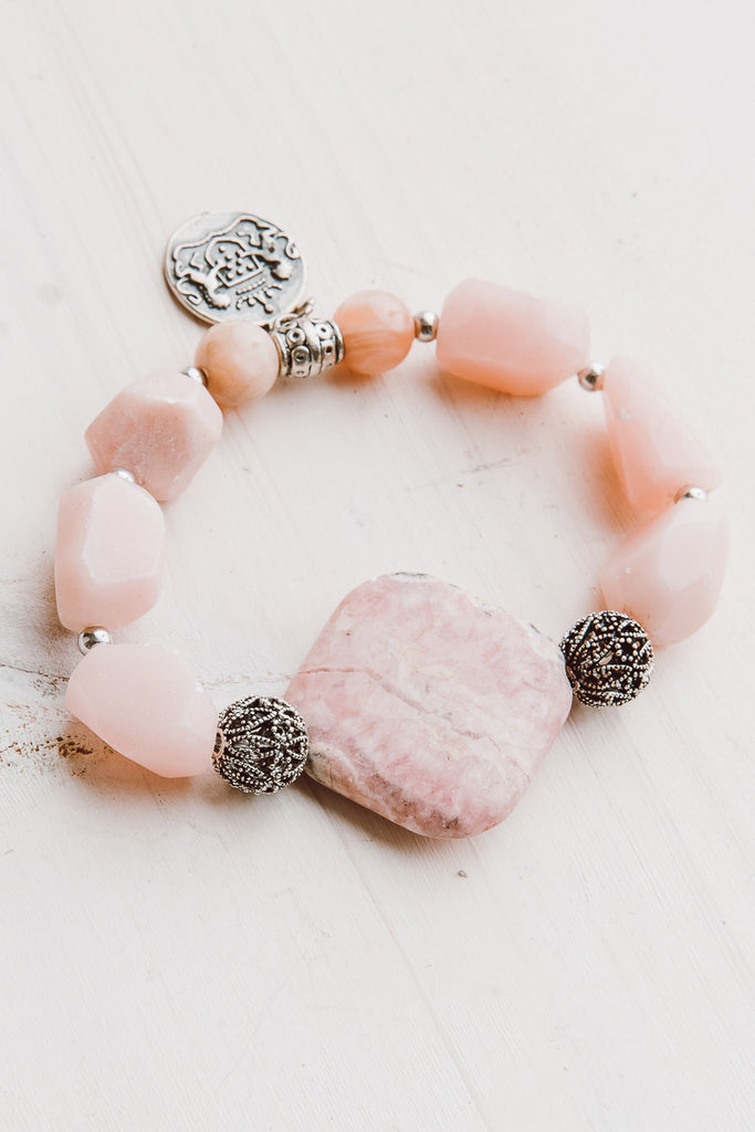 Peruvian Pink Opal, Pink Moonstone and Rhodochrosite Stretch Bracelet