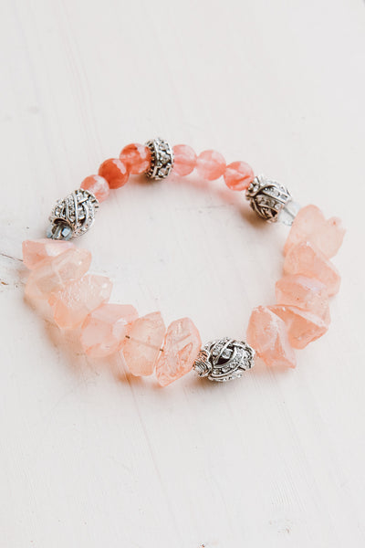 Coral Colored Quartz Crystal and Strawberry Quartz Stretch Bracelet with Silver Tone Beads