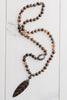 Brown Banded Agate Hand Beaded Necklace with Wood Leaf Pendant in Crystals, Pearl and Crystal Beads