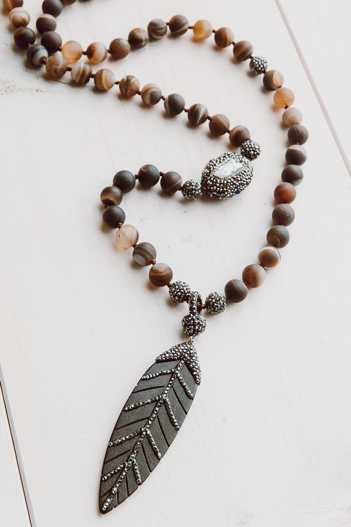 Brown Banded Agate Hand Beaded Necklace with Wood Leaf Pendant in Crystals, Pearl and Crystal Beads