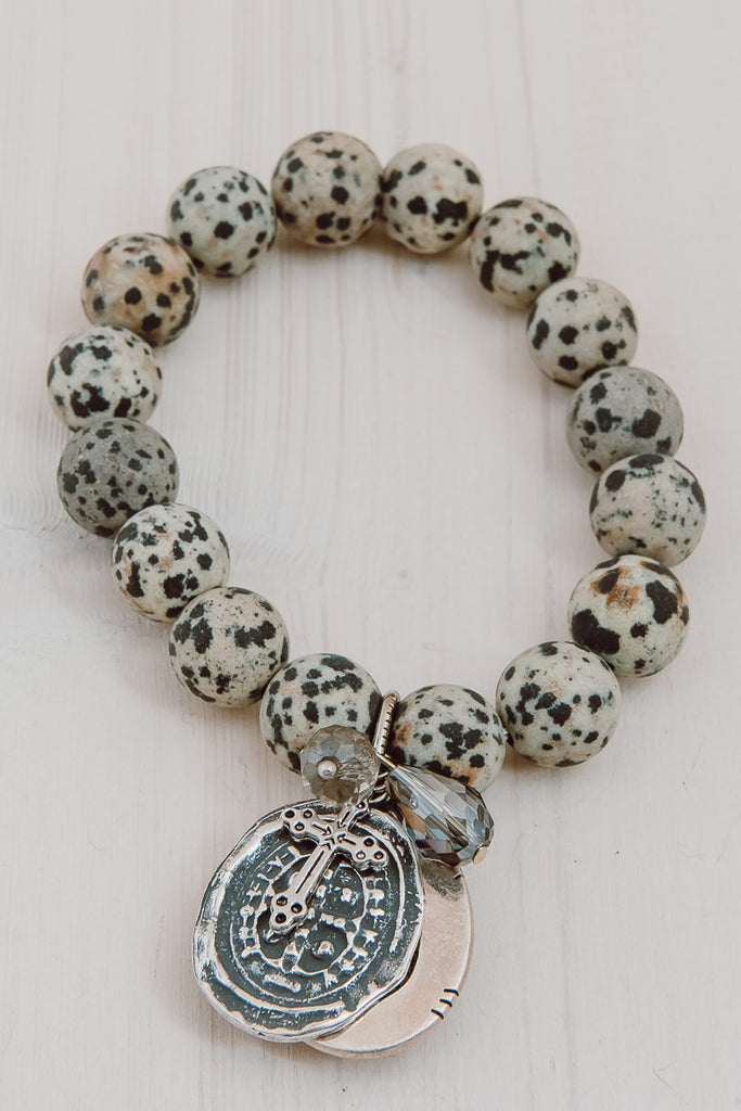 Matte Dalmatian Jasper Gemstone Bracelet with Cross Coin and Tourmalinated Quartz Drop