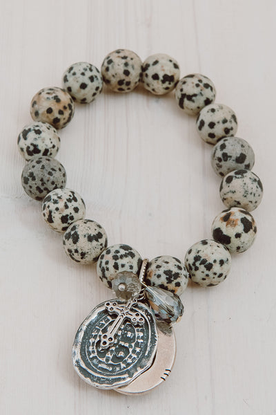 Matte Dalmatian Jasper Gemstone Bracelet with Cross Coin and Tourmalinated Quartz Drop