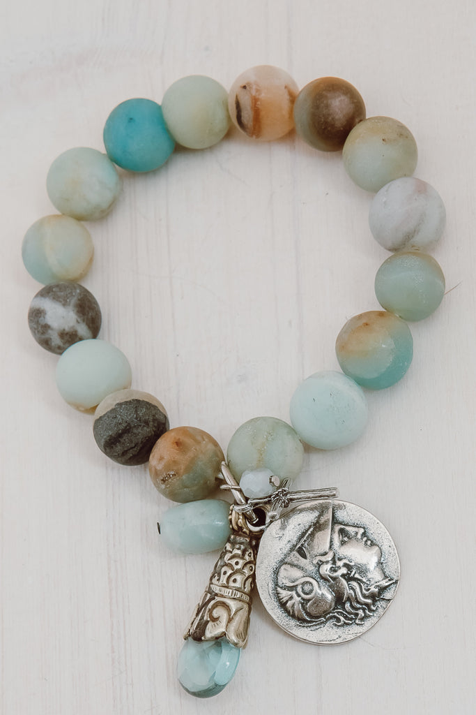 Multicolored Matte Amazonite Charm Bracelet with Coin Angel, Tibetan Drop and Cross