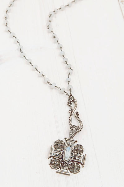 Antique Sterling Silver Moonstone Crusader, Jerusalem, Maltese Cross on Sterling Moonstone Rosary Bead Necklace