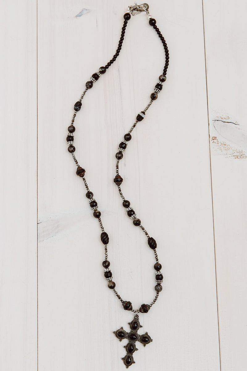 Vintage Black Onyx Cross on Black Onyx, Jasper, Hematite and Czech Turbine Bead Necklace