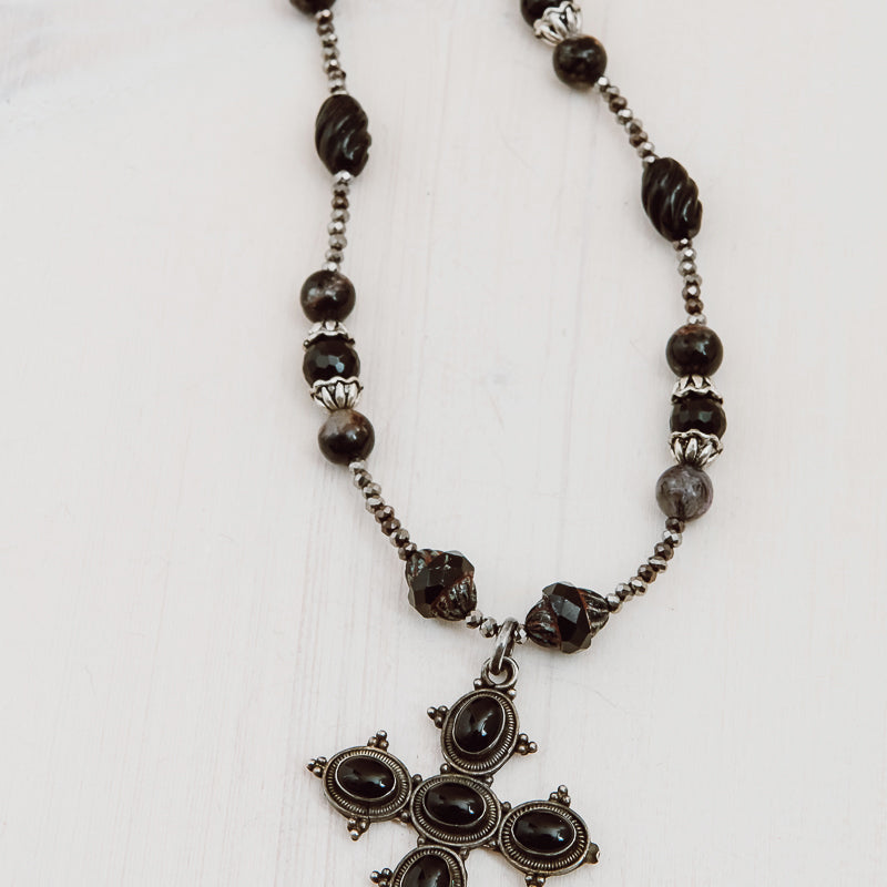 Vintage Black Onyx Cross on Black Onyx, Jasper, Hematite and Czech Turbine Bead Necklace