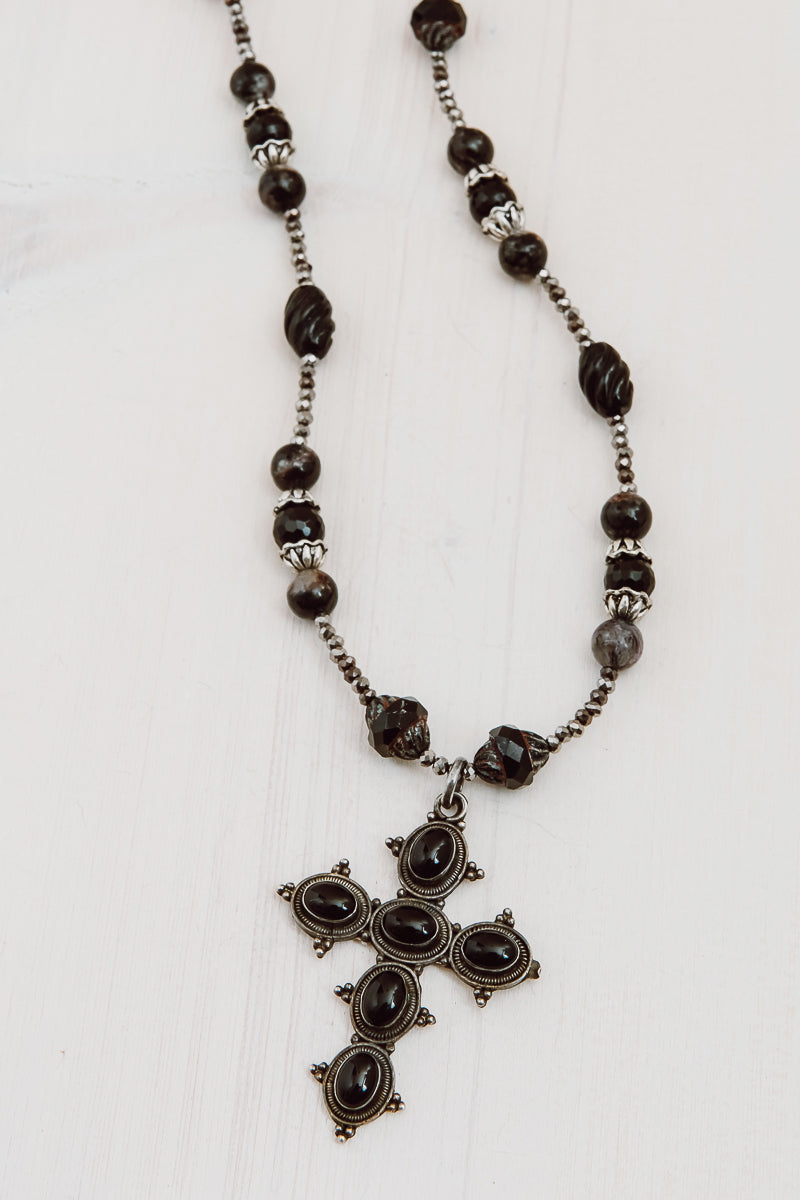 Vintage Black Onyx Cross on Black Onyx, Jasper, Hematite and Czech Turbine Bead Necklace