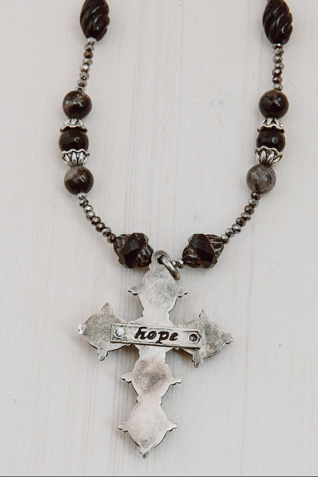 Vintage Black Onyx Cross on Black Onyx, Jasper, Hematite and Czech Turbine Bead Necklace