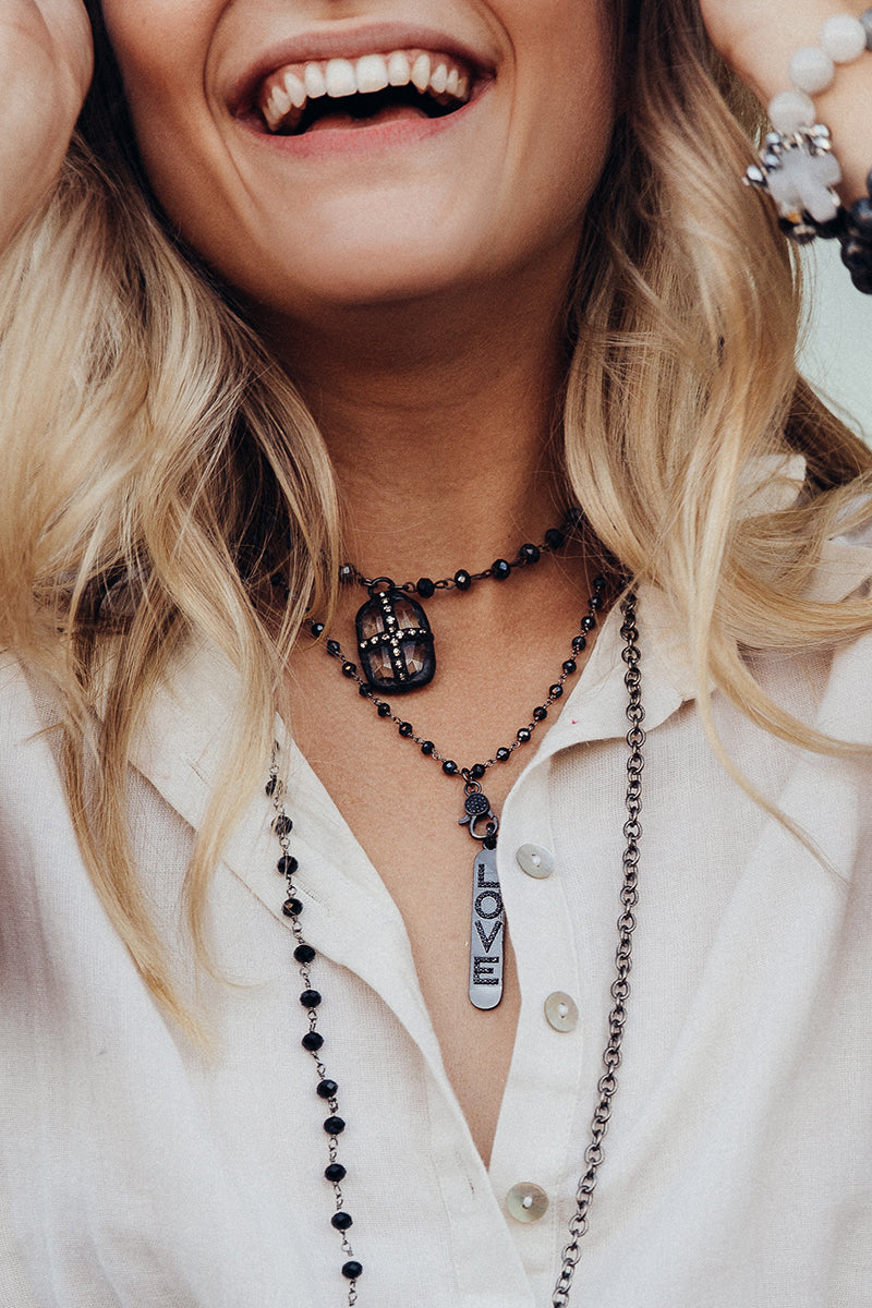 Pavé LOVE Pendant Necklace with Hematite and Sterling Silver Rosary Bead Chain