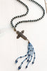Navy Glass Bead Necklace with Cross and Bead Tassel