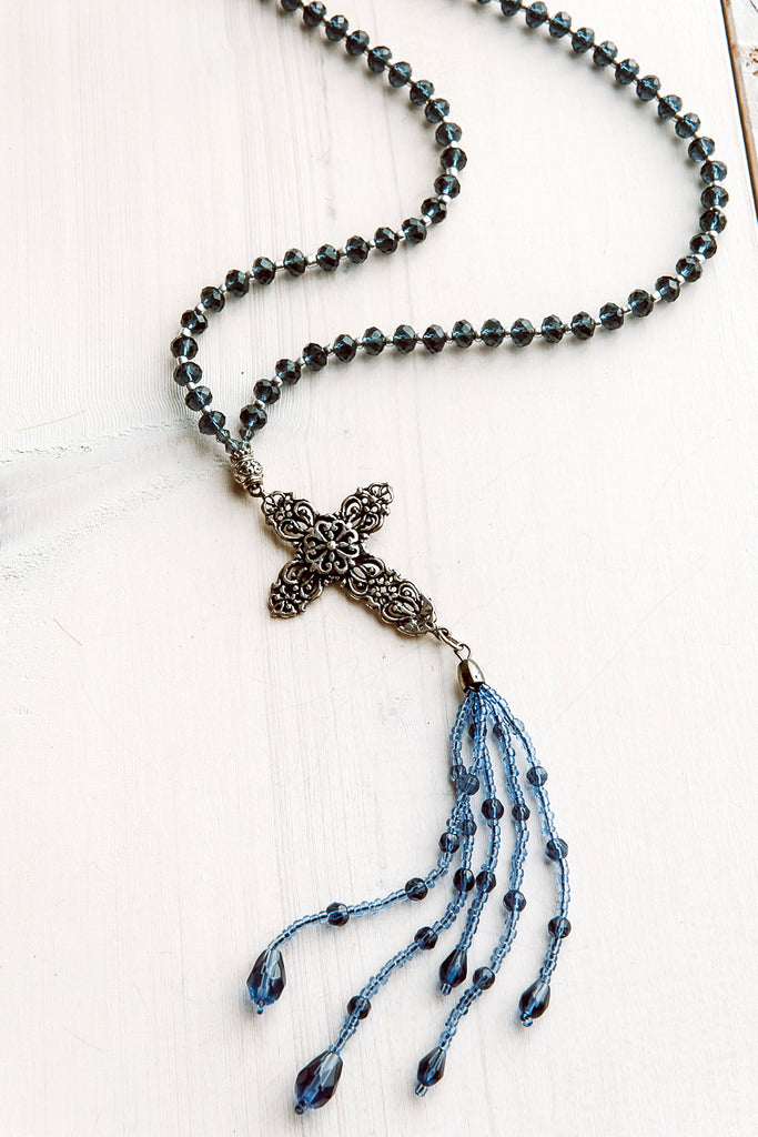 Navy Glass Bead Necklace with Cross and Bead Tassel