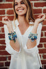 Statement Electric Blue Milky Jade Stretch Charm Bracelet with Cross and Crystals