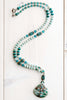 Ocean Jasper and Silver Blue Apatite Cross Pendant on Amazonite, Czech and Blue Patina Beads Necklace