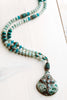Ocean Jasper and Silver Blue Apatite Cross Pendant on Amazonite, Czech and Blue Patina Beads Necklace