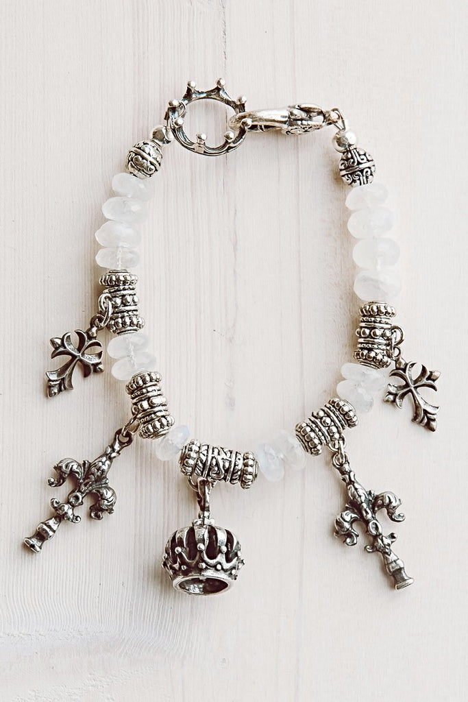 Art Nouveau Moonstone Charm Bracelet with Crown Clasp and Fleur de Lis, Crown and Cross Charms