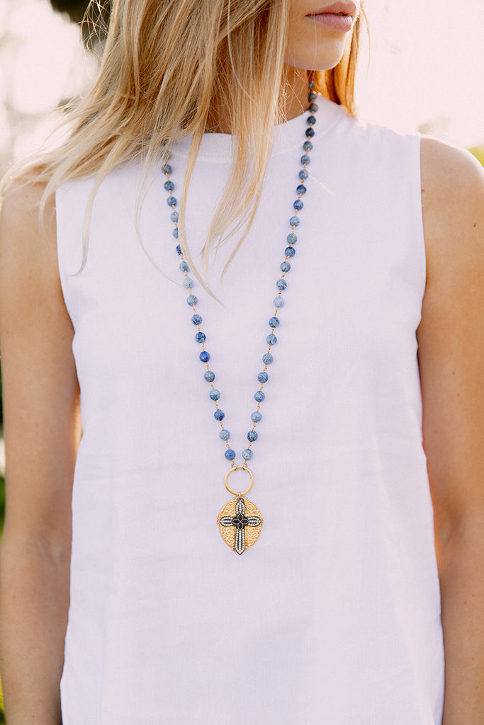 Layered Sterling Silver Sapphire Turkish Cross Pendant on Sodalite Rosary Chain Necklace