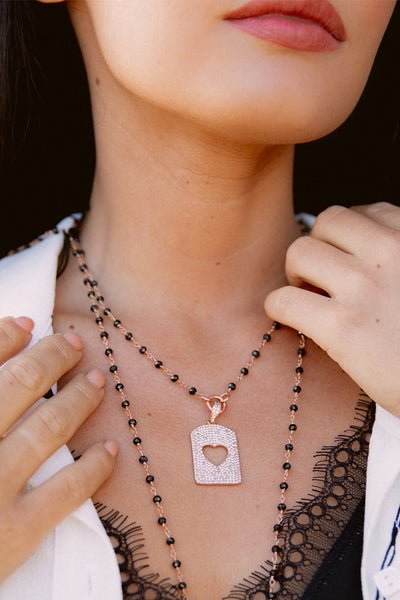 Cutout Heart Pave Tag on Delicate Rose Gold & Black Chain
